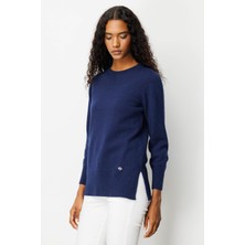 Kadın Sıfır Yaka Yanı Yırtmaçlı Yün Kazak Y.a Lacivert