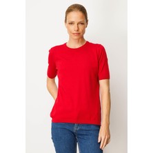 Kadın Sıfır Yaka Kısa Kollu Düz Bluz K.kırmızı