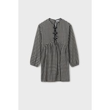 Kız Çocuk Rahat Kalıp Bağcık Detaylı Pötikare Elbise - Siyah