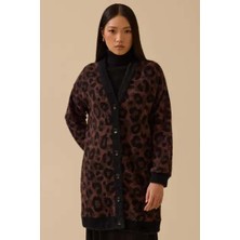 Kadın Leopar Desenli Düğmeli Triko Hırka - Kahverengi