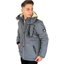 Erkek Çocuk Outdoor Yazılı Fermuar Cepli Kapüşonu Çıkabilen Içi Peluş Astarlı Ince Antrasit Mont