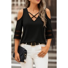 Kadın Kısa Kollu V Yakalı Soğuk Omuz Kolda Ip Detaylı Kolda Şifon Tül Detaylı Janjan Krep Bluz