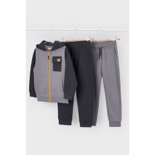 Erkek Çocuk Renk Bloklu Kapüşonlu 3 Parça Eşofman Takımı - Gri