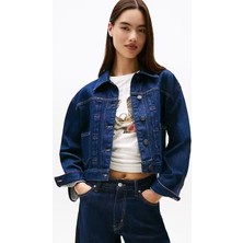 Kadın Regular Fit Pileli Kısa Kot Ceket - Lacivert