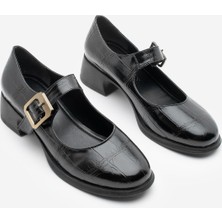 Marjin Kadın Tokalı Kalın Topuk Günlük Ayakkabı Loafer Meniz Siyah Croco