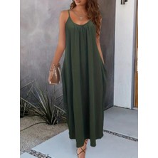 Kadın Ip Askılı Geniş V Yakalı Viskon Elbise