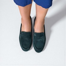 Koyu Yeşil Süet Hakiki Deri Kadın Loafer Ayakkabı