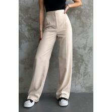 Kadın Yeni Sezon Yüksek Bel Klasik Krem Kumaş Pantolon Krem / S