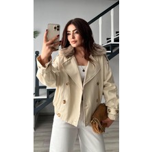 Taş Yakası Çıkarılabilir Kürklü Trençkot