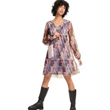 Kadın V Yaka Uzun Kol Rahat Kalıp Desenli Tül Elbise