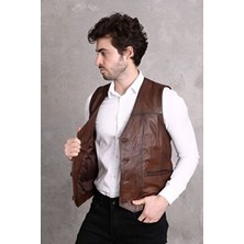 Nyc Giyim Tekstil Nyc Giyim Hakiki Deri Yelek Erkek Slim Fit Düğmeli V Yaka Kahverengi Standart Kalıp