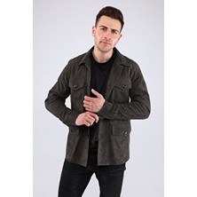 Safari Düğmeli Hakiki Deri Antrasit Erkek Süet Ceket
