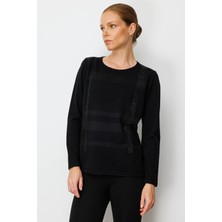 Kadın Sıfır Yaka Sim Çizgili Taşlı Yün Bluz Siyah