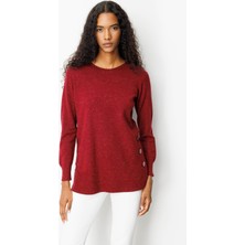 Kadın Sıfır Yaka Dikişsiz Yanları Düğmeli Simli Kazak Vişne