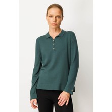 Kadın Polo Yaka Yakası ve Kolu Düğmeli Bluz Yeşil