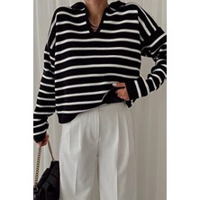 My Love Butik Kadın Polo Yaka Çizgili Triko Kazak Siyah Renk ile Günlük Kullanım İçin