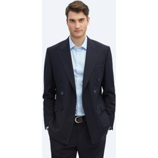 Lacivert Düz Modern Fit Yün Karışımlı Takım Elbise