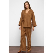 Önü Bağlamalı Süet Görünümlü Kimono Ikili Takım Kamel 9366-TK