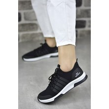 Infinite8 Kadın Siyah Bez Spor Ayakkabı Triko Malzeme Kaydırmaz Taban Ortopedik Taban Bağcıklı