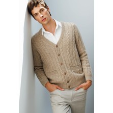 Erkek V Yaka Kalın Saç Örgülü Yün Ceket K.bej