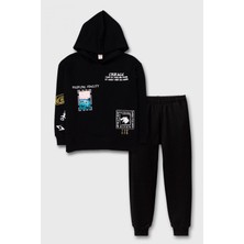 Erkek Çocuk Kapüşonlu Baskılı Eşofman Takımı - Siyah 4007