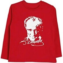 Unısex Çocuk Uzun Kol Kırmızı Atatürk Baskılı Uzun Kollu 10 Kasım 23 Nisan 29 Ekim T-Shirt
