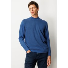 Erkek Yarım Balıkçı Yaka Önü Baklavalı Triko Kazak H.mavi