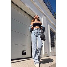 Mery Power Likralı Kadın Açık Mavi Kar Yıkama Yüksek Bel Salaş Paça Denim Kot Pantolon LVK-001040A
