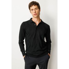 Erkek Polo Yaka Çizgili Baklavalı Yün Kazak Siyah