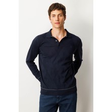 Erkek Polo Yaka Çizgili Baklavalı Yün Kazak K.lacivert