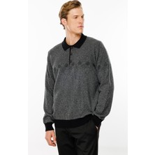 Erkek Polo Yaka Göğsü Baklava Desenli Yün Kazak Siyah