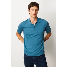 Erkek Polo Yaka %100 Pamuk Kısa Kol Ince Triko Mavi
