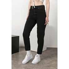 Siyah Boyfriend Kot Pantolon Likralı Yüksek Bel Solmaz Siyah Boyfriend Kot Pantolon Ekstra Rahat