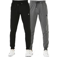 Erkek Eşofman Altı 2'li Paket (Siyah-Gri) Dar Paça Bel Kısmı Lastikli Arka Cepli Paçası Lastikli