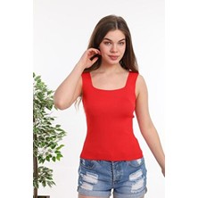 Pinpery Kadın Kırmızı Kolsuz Bluz Kalın Askılı Atlet Kare Yaka Triko Regular Kalıp