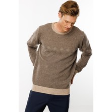 Erkek Sıfır Yaka Göğsü Baklava Desenli Yün Kazak K.bej