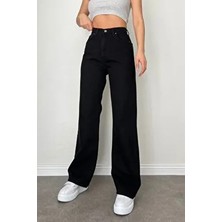 Liza Siyah Likralı Süper Yüksek Bel Salaş Jeans Palazzo Pantolon. (Süper Yüksek) Wide Leg