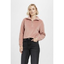Rays Pembe Kadın Peluş Yarım Fermuarlı Crop Sweatshirt 3056A
