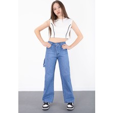 Mavi Geniş Paça Beli Lastikli Kız Çocuk Jean Pantolon 20496