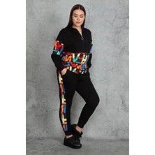 Şans Tekstil KAPŞONLU FERMUAR VE BASKI DETAYLI KUŞGÖZLÜ SWEATSHİRT PANTOLON TAKIM