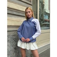 Kadın Özel Tasarım Yaka Kol Düğmeli Çizgili Garnili Bluz Boy Pamuk Curve Şık Gömlek