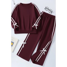 My Kids Wear Kız Çocuk Bordo Çift Şerit Kurdele Eşofman Takımı 4-16 Yaş Desenli Rahat Kalıp