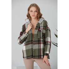 Kadın Çok Renkli Haki Oduncu Oversize Kapüşonlu Ceket Gömlek