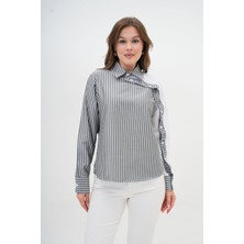 Kadın Özel Tasarım Yaka Kol Düğmeli Çizgi Garnili Bluz Boy  Pamuk Gömlek