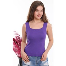 Pinpery Kadın Mor Kolsuz Bluz Kalın Askılı Atlet Kare Yaka Triko Regular Kalıp Yazlık