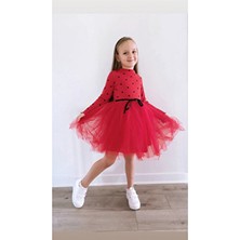 Şirin Şeyler Butiği Linda Uzun Kol Kız Çocuk Prenses Kabarık Tütü Elbise Puantiyeli Esnek Likralı Kırmızı Tüllü Bayramlık Hediyelik Elbise