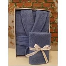 Trendy Şalyaka Bornoz + Baş Havlusu- Koyu Mavi