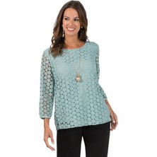 Kadın Bisiklet Yaka Truvakar Kol Çiçek Güpürlü Büyük Beden Curve Bluz