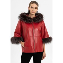 Lulu Kırmızı Panço Çift Taraflı Hakiki Deri Mont