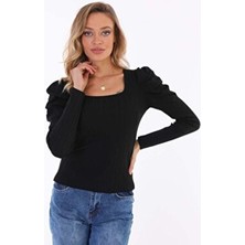 Pinpery Kadın Siyah Kare Yaka Pileli Büzgülü Prenses Kol Uzun Kollu Kazak